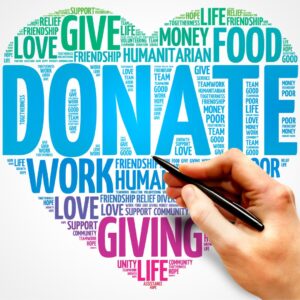 The word "donate" placed inside of a heart shape with other humanitarian words