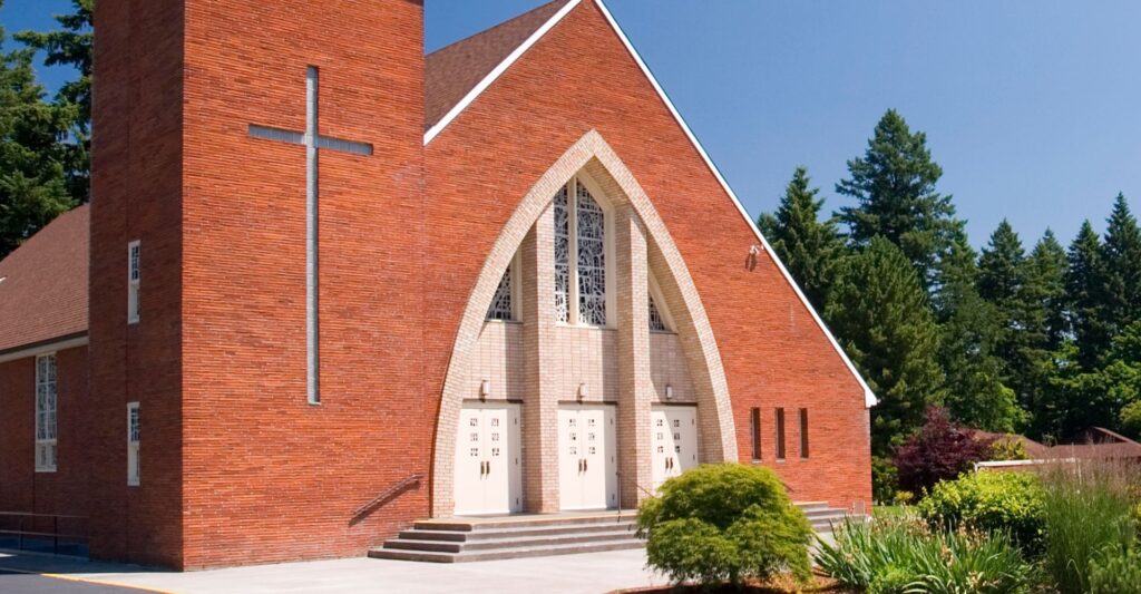 Exterior of a brick church building