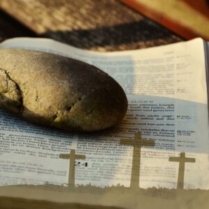 bible text with three cross overlay